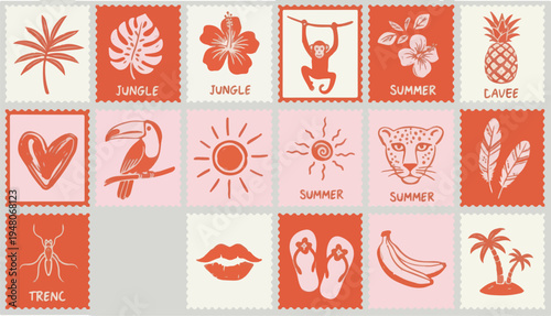 Vintage Tropical Postage Stamp Icon Set with Jungle Animals and Fruit,This set includes hand-drawn illustrations of a toucan, leopard, monkey, and tropical flora like monstera leaves, hibiscus flowers