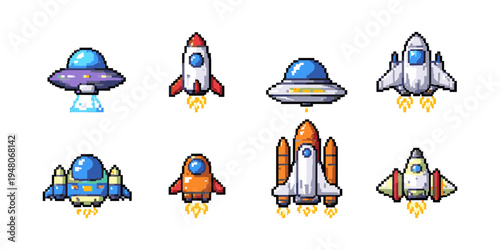 Collection of pixel art spaceships and UFOs in various designs and colors