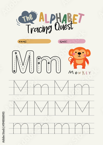 Printable alphabet tracing worksheet showing letter M practice for kids learning to write. Educational activity sheet for early literacy, preschool learning, classroom materials, homeschooling
