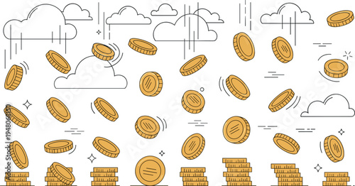 Falling gold coins and stacked money illustration with clouds financial success savings investment wealth concept vector design