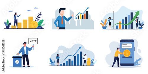 Business Growth, Financial Success and Mobile Payment Concept Set – Economy and Investment Flat Vector Illustration