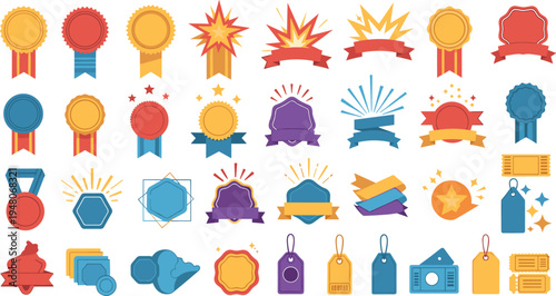 Award badge ribbon and label collection colorful achievement medals seals tags stickers reward emblem flat vector set