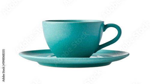 Isolated elegant turquoise ceramic cup and saucer set, perfect for hot drinks.