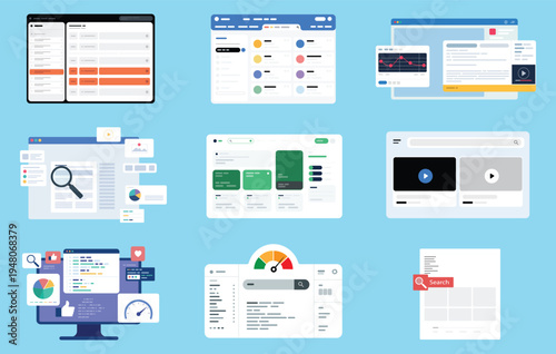 Modern Web Dashboard UI and Admin Panel Interface – Website Analytics, Content Management and Web App Layout Flat Vector Illustration Set