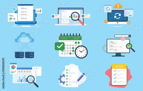 System Monitoring, Cloud Computing and Task Management – Data Analysis, Scheduling and Software Optimization Flat Vector Illustration Set
