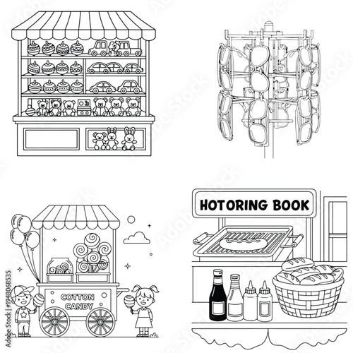 Line art jars of preserves and berries on circular table with food display with black and white