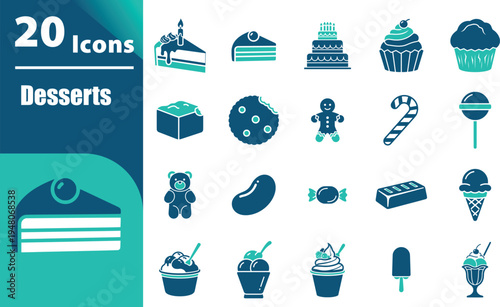 Collection of dessert icons and symbols.