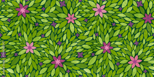 Seamless botanical pattern with hand drawn green leaves and small flowers, for herbal tea, eco friendly packaging design, watercolor texture
