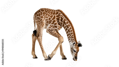 Photography Isolated young giraffe bending down, grazing or drinking, showing its distinctiv
