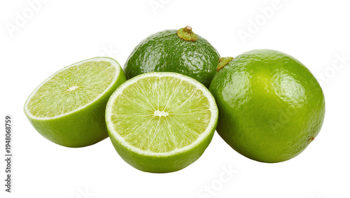 Isolated fresh green limes, whole and halved, showcasing vibrant citrus fruit for healthy eating