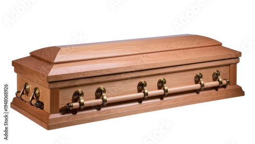 Fotografie Isolated wooden coffin with elegant brass handles, traditional burial casket for