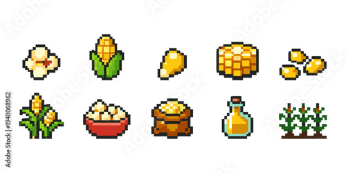 Pixel art collection of corn and popcorn icons, representing agriculture and food products