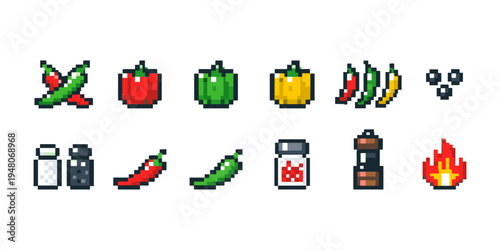 Pixel art collection of spicy food ingredients and cooking elements