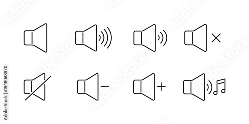 Collection of speaker volume icons representing different sound levels and mute functions