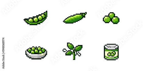 Pixel art collection of various pea representations including pods, loose peas, and a can
