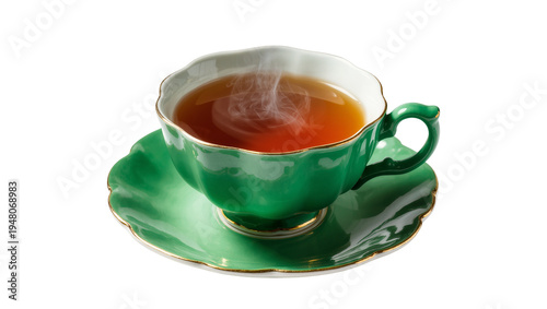 Canvas Print Isolated steaming hot tea in elegant green teacup and saucer, ready for relaxing break