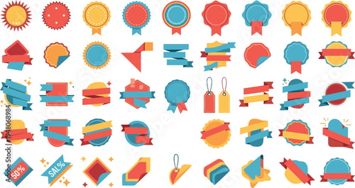 Colorful sale badges and ribbon labels vector set discount stickers promotional tags marketing badge collection illustration