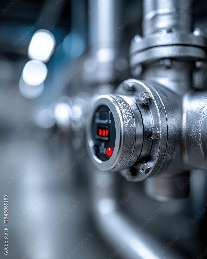 Fototapeta premium Close-up of industrial pipeline with digital gauge and red indicator light