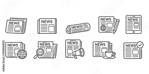 Collection of line art icons representing various news and information concepts