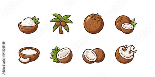 Collection of cute cartoon coconuts and coconut products in various forms