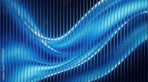Flowing turquoise ribbon waves behind ribbed glass vertical lines forming smooth futuristic abstract technology background surface