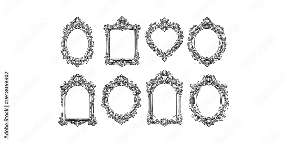 Fototapeta premium Collection of ornate vintage frames in various shapes and sizes, black and white illustration