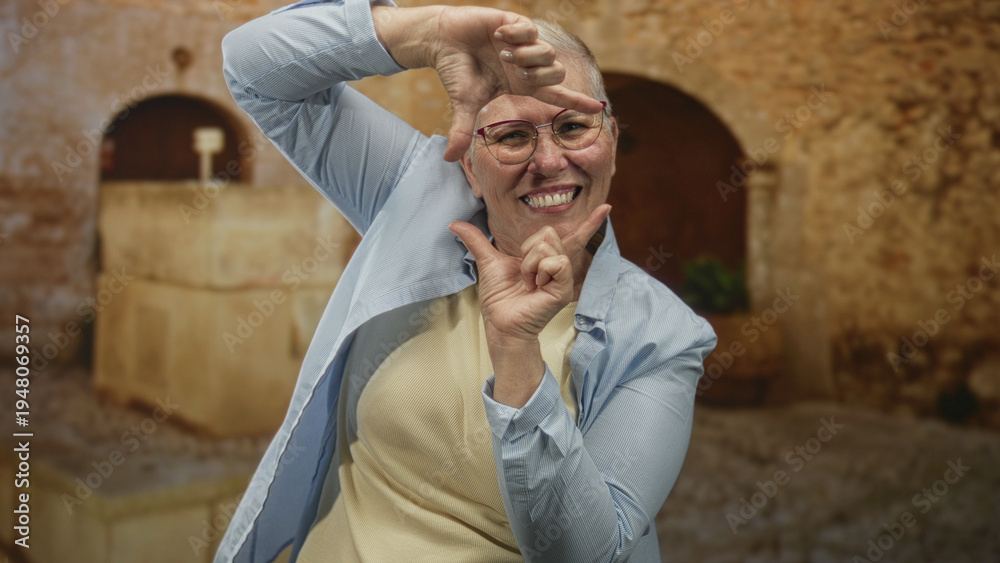 Obraz premium Woman with short grey hair and glasses frames face with hands on street in old town, smiling broadly in a light shirt; joyful confidence.