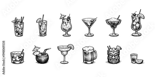 Collection of hand-drawn cocktail and beverage illustrations in a sketch style