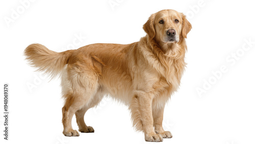 Isolated full body portrait of a beautiful purebred Golden Retriever dog standing attentively