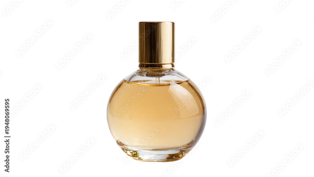 Obraz premium Isolated elegant round golden perfume bottle with clear glass and metallic cap, luxury beauty product.
