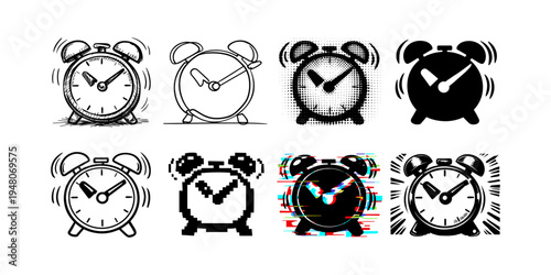Collection of alarm clock icons in various artistic styles, representing time and wakefulness