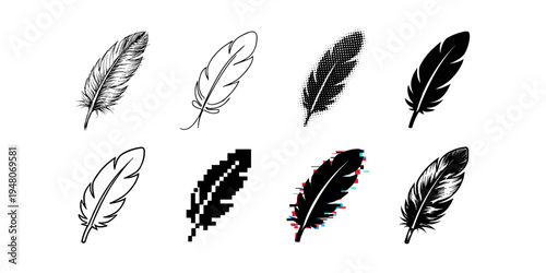 Collection of eight diverse feather illustrations in various artistic styles and digital effects