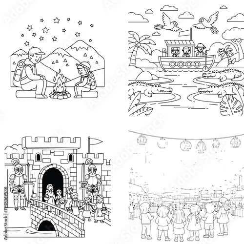 Line art girl selling balloons from cart with street vendor with black and white