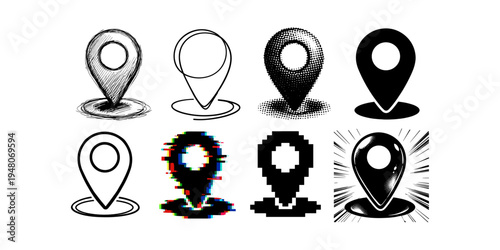 Collection of diverse map pin location icons in various artistic styles