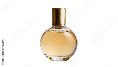 Foto Isolated elegant round golden perfume bottle with clear glass and metallic cap, luxury beauty product