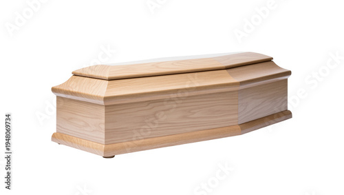 Photography Isolated simple wooden coffin made of light natural timber, a respectful burial