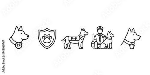 Set of line icons representing police dogs and their handlers in various service roles