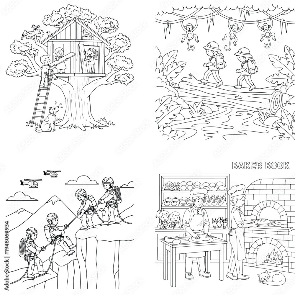 Naklejka premium Astronauts exploring rocky alien planet landscape, space exploration, black and white illustration