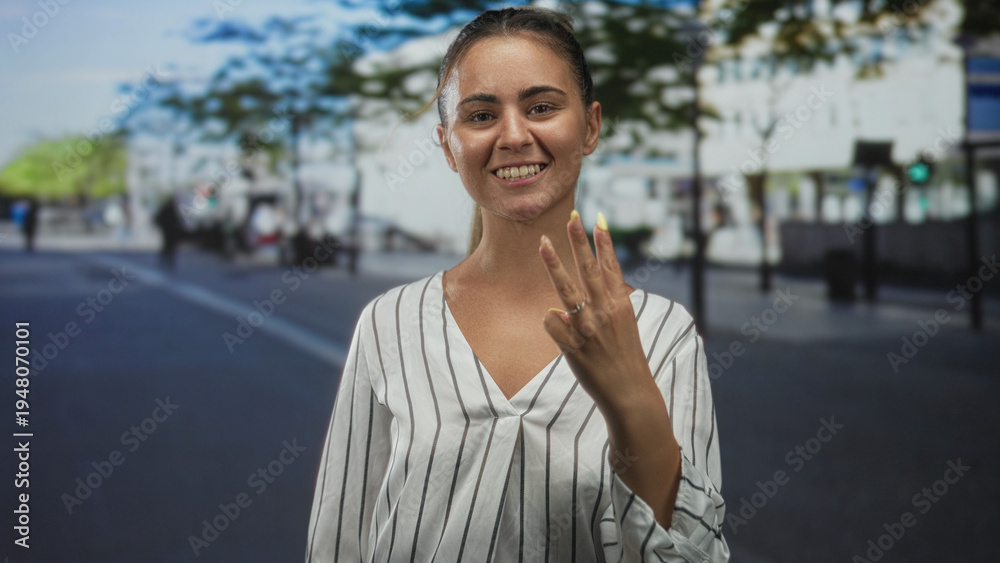 Fototapeta premium Woman points finger and makes peace sign on city street wearing striped blouse, hands visible and facing camera; confidence.