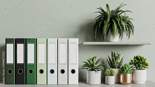 Modern office shelf with green binders and decorative indoor plants on white shelving unit