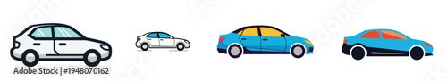 Simple car icon, flat vector illustration, clean side profile vehicle, contemporary transport aesthetic, white backdrop.