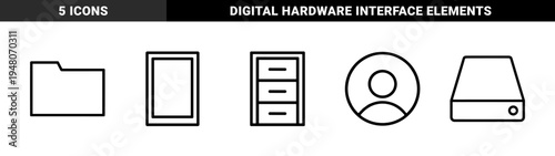 Computer storage and office management icon set. Vector pictograms of cabinet, folder, frame, user profile, and hard drive, black outline illustration.