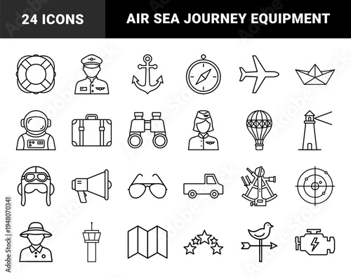 Aviation and maritime navigation icon set. Vector pictograms of airplane, anchor, compass, pilot, lighthouse, radar, and sextant, thin outline illustration.