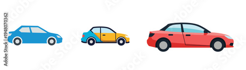 Modern car symbol, minimalist flat vector illustration, simple vehicle side profile, transportation theme, white backdrop.