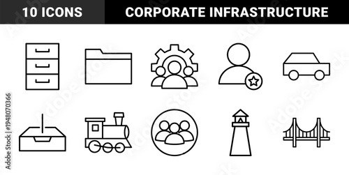 Business and transportation line icon set. Vector pictograms of users, gears, files, folder, car, train, bridge and lighthouse, black outline illustration.
