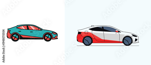 Modern car symbol, minimalist flat vector illustration, simple vehicle side profile, transportation theme, white backdrop.