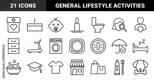 Lifestyle and daily routine line icon set. Vector pictograms of baby, treadmill, laundry, shopping, hygiene, education, and pet care, thin outline illustration.