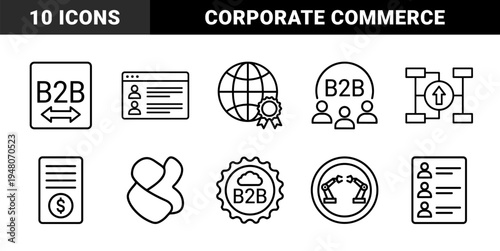 Business and industrial icon set. Vector pictograms of globe, web browser, robotic arms, dollar document, and flowchart, black line illustration.