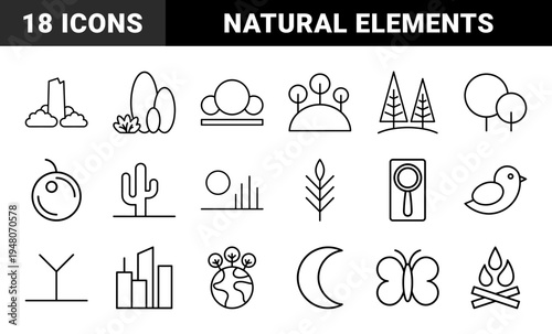 Nature and environment line icon set. Vector pictograms of trees, mountains, plants, birds, city, fire, moon, and butterfly, thin outline illustration.