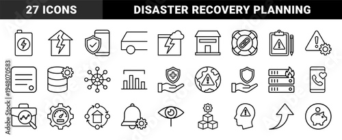Business risk and disaster recovery line icon set. Vector pictograms of server fire, data warning, house damage, security shield, and insurance, thin outline illustration.